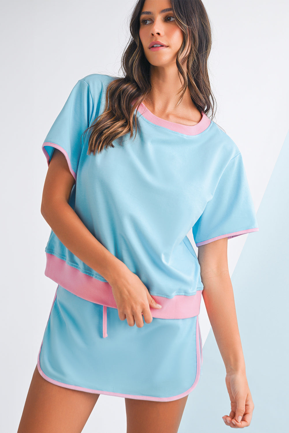 Colorblock Edge Drop Shoulder T Shirt and Skort Set