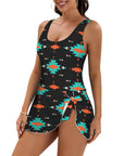 Baha Ranch Turquoise Orange Aztec Skirted Swimsuit