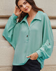 Corded Knit Roll-Up Sleeve Collared Henley Top