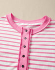 Stripe Half Placket High Low Short Sleeve Top