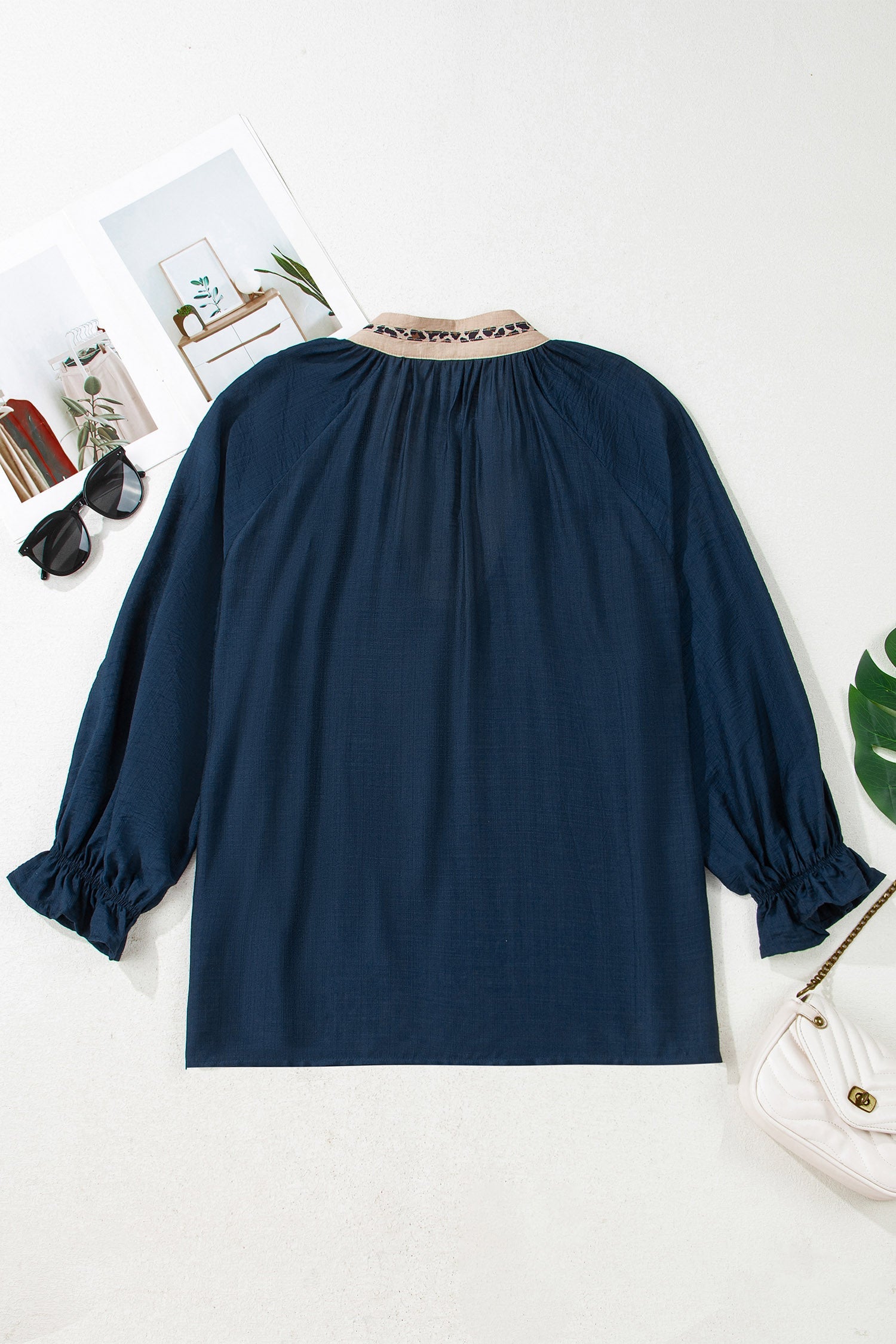 Plus Size Leopard Contrast Collar Long Sleeve Blouse