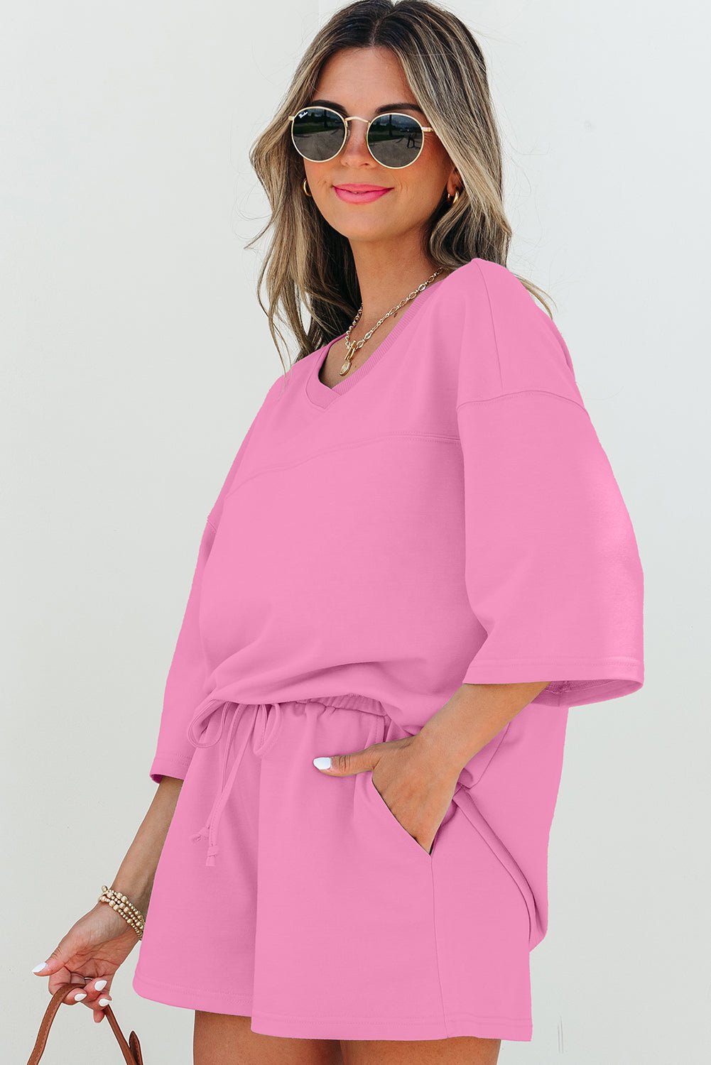 Solid Loose V-Neck Tee &amp; Drawstring Shorts Set