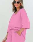 Solid Loose V-Neck Tee & Drawstring Shorts Set