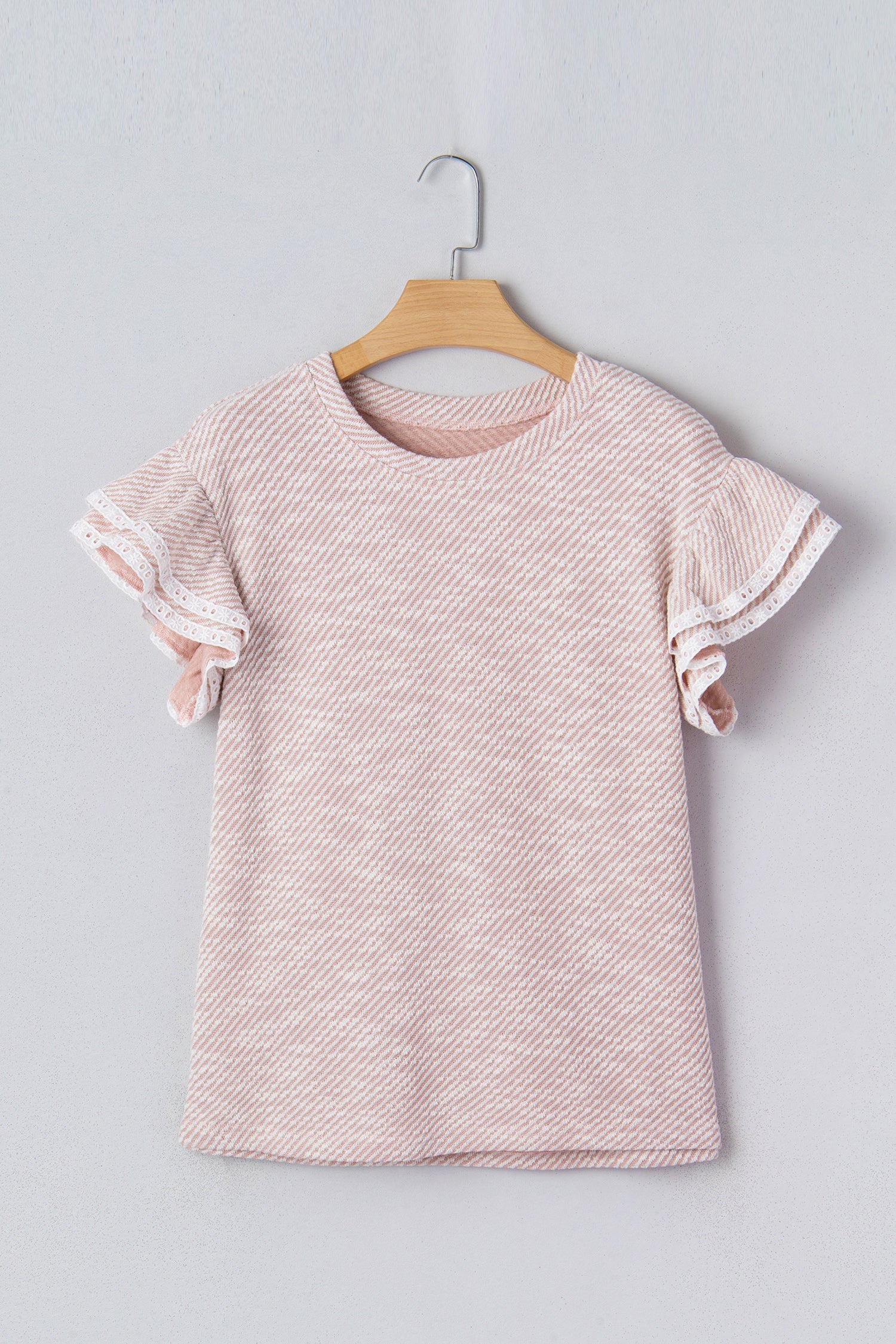 Stripe Lace Ruffle Short Sleeve Twill Blouse