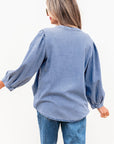 Solid Denim Pleated Bow Tie Puff Sleeve Top