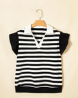 Stripe Collar V-Neck Ruffle Short Sleeve Blouse