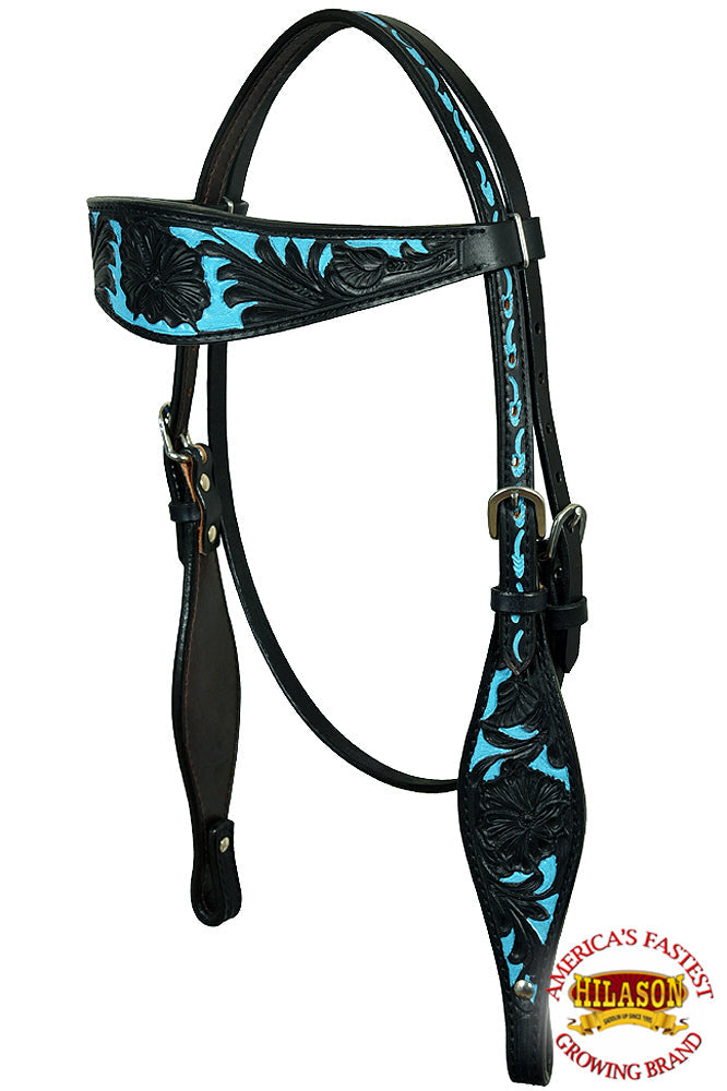 Western Horse Headstall &amp; Breast Collar Tack American Leather Black Turquoise Hilason