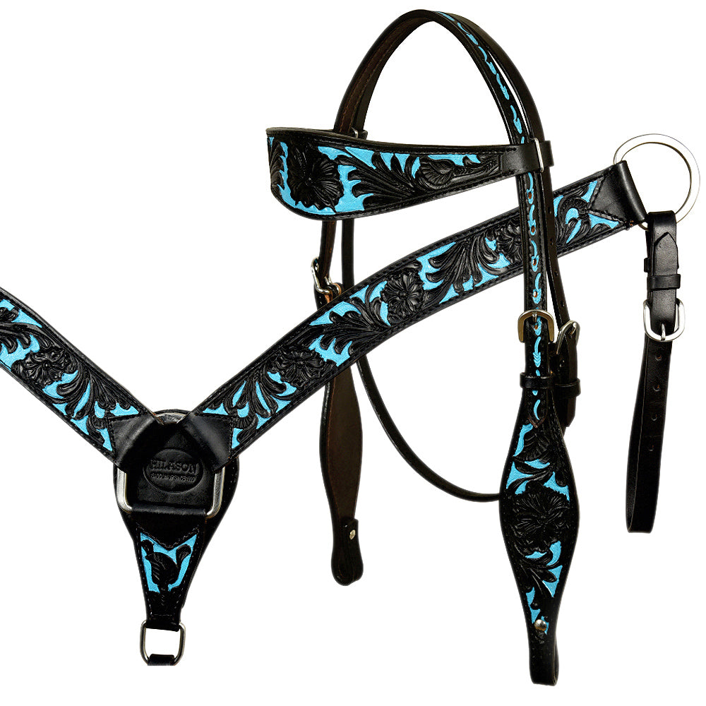 Western Horse Headstall &amp; Breast Collar Tack American Leather Black Turquoise Hilason