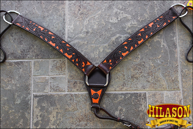 Hilason Western Horse Headstall &amp; Breast Collar American Leather Orange Hand Paint
