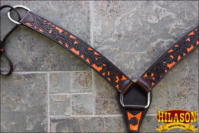 Hilason Western Horse Headstall &amp; Breast Collar American Leather Orange Hand Paint