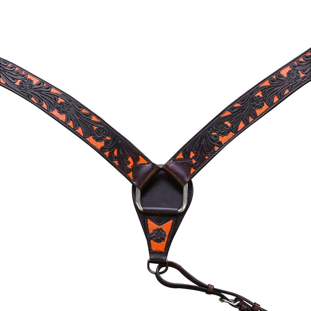 Hilason Western Horse Headstall &amp; Breast Collar American Leather Orange Hand Paint