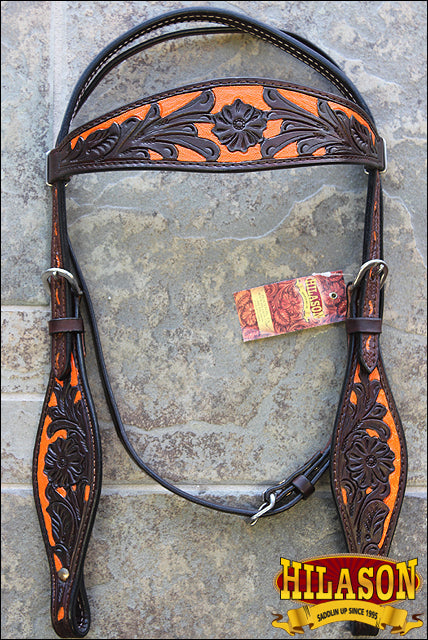 Hilason Western Horse Headstall &amp; Breast Collar American Leather Orange Hand Paint
