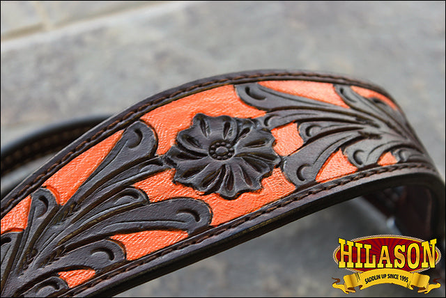 Hilason Western Horse Headstall &amp; Breast Collar American Leather Orange Hand Paint