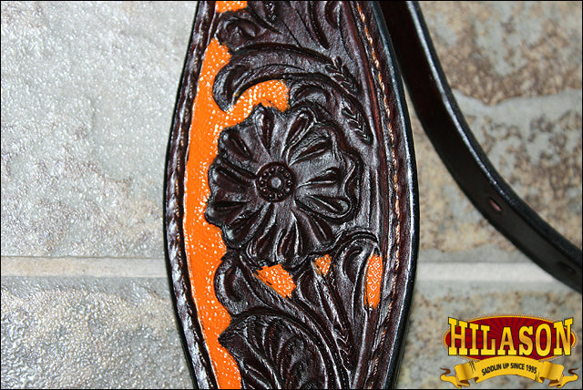 Hilason Western Horse Headstall &amp; Breast Collar American Leather Orange Hand Paint