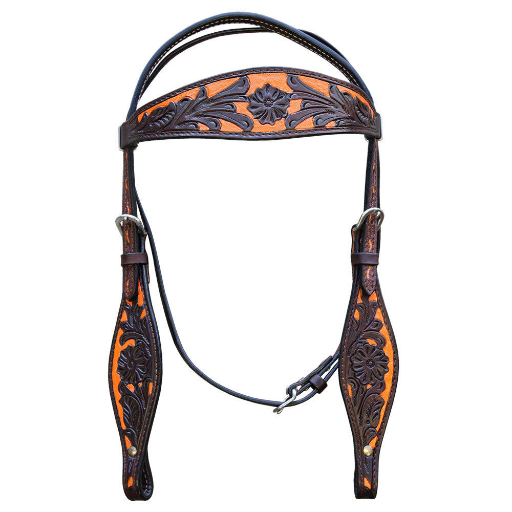 Hilason Western Horse Headstall &amp; Breast Collar American Leather Orange Hand Paint