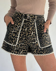 Leopard Contrast Scallop Lace Trim Denim Shorts