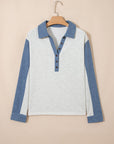 Denim Patchwork Polo Collar Long Sleeve Top
