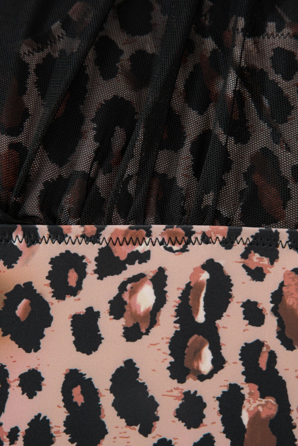Leopard Mesh Patchwork V-Neck 3/4 Sleeve Swimsuit