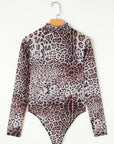 Leopard Mesh Smocked Neck Long Sleeve Bodysuit