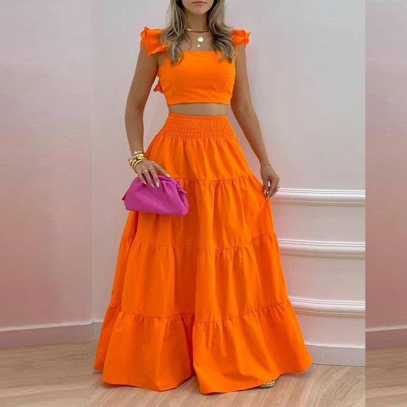 Solid Color Strappy Top Flared Skirt Set