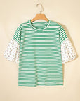 Floral Stripe Patchwork Puff Sleeve Round Neck Top