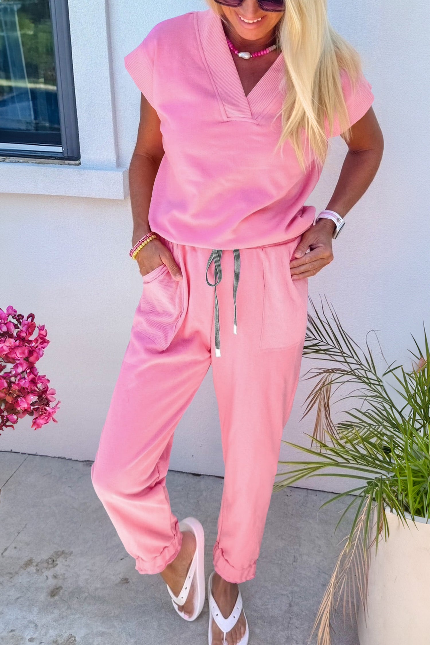 Solid V-Neck Tee and Drawstring Pants Set