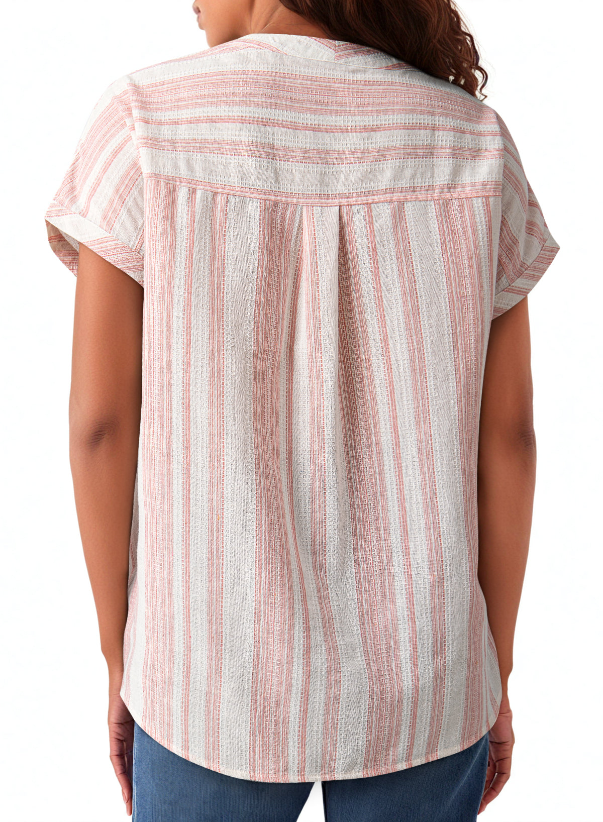 Stripe Half Buttoned Short Sleeve Blouse