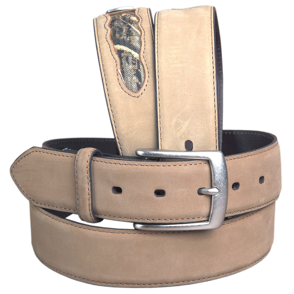 44" John Deere Crazyhorse Mens Leather W/ Logo Belt With Camo Inserts Tan