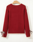 Leopard Bow Split Cuff Contrast Trim Sweater