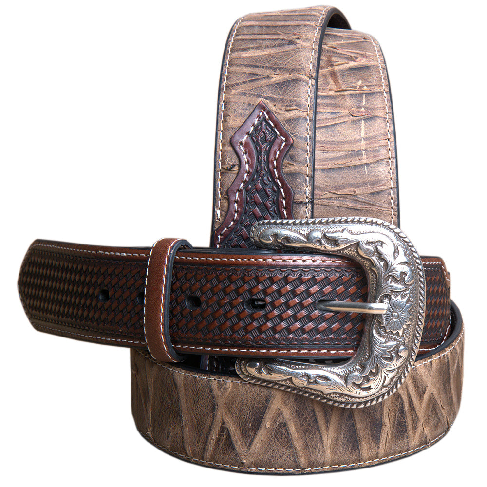 42" Roper Mens Basketweave Top Grain Leather Belt Bark Design 1 1/2" Wide Brown