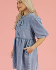 Denim Bow Bubble Sleeve Mini Dress