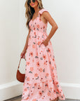 Floral V-Neck Smocked Ruffle Hem Maxi Dress