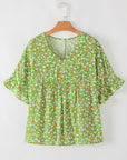Floral Ruffle Sleeve V-Neck Blouse