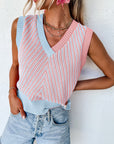 Chevron Contrast V-Neck Sleeveless Sweater Top