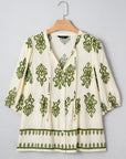 Boho Abstract Tie V-Neck Puff Sleeve Shirt
