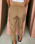 Solid Elastic High Waist Pocketed Cargo Jogger Pants