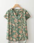 Floral Pleated Button V-Neck Short Sleeve Blouse