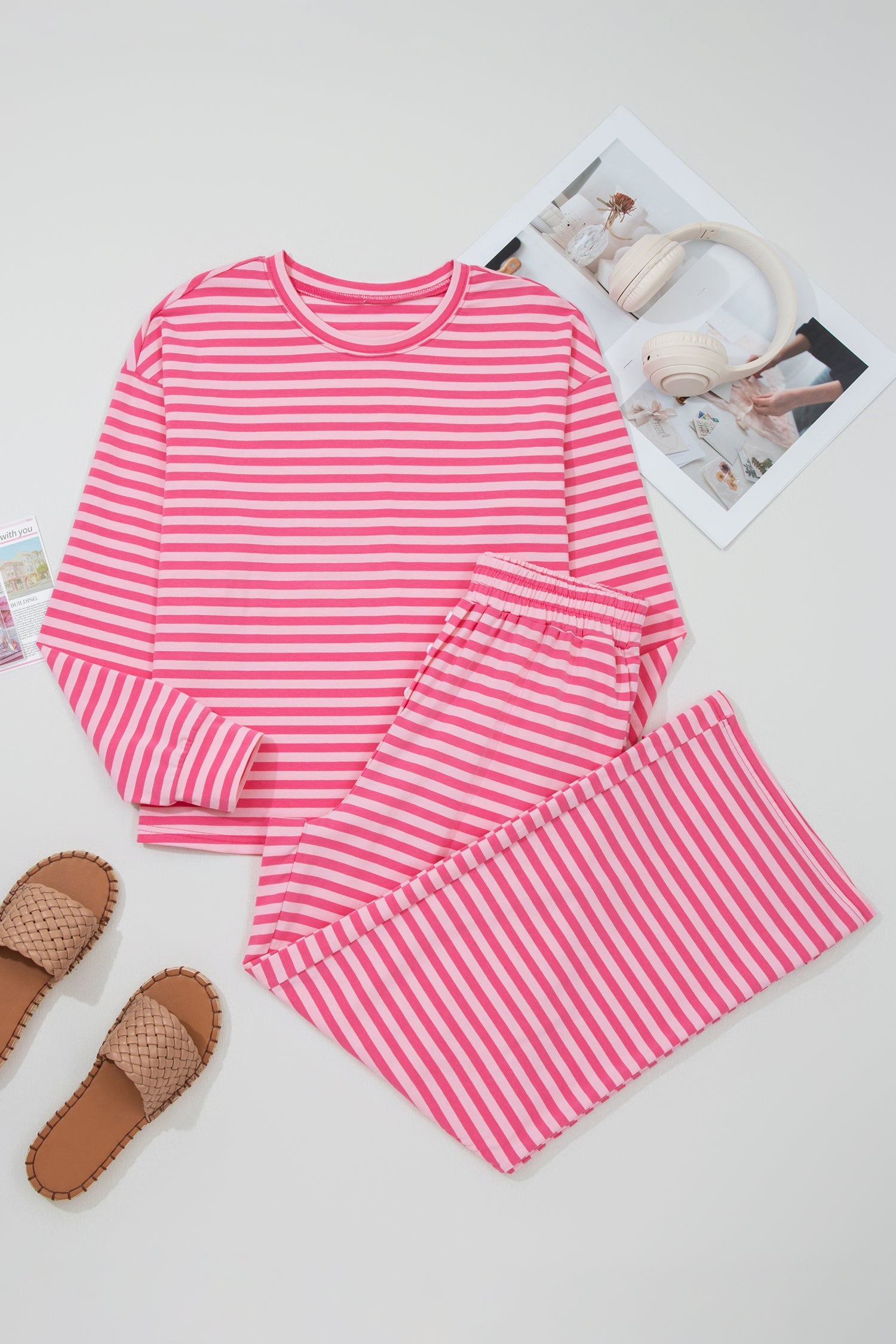 Stripe Drop Shoulder Top &amp; Buttoned Pants Set