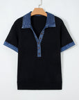 Denim Polo Collar Waffle Knit Patchwork Top