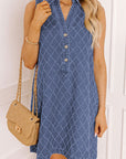 Denim Textured Collared V-Neck Sleeveless Mini Dress