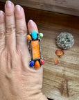 Long Ring- Size 5 - mix stone turquoise, spiny and sterling silver