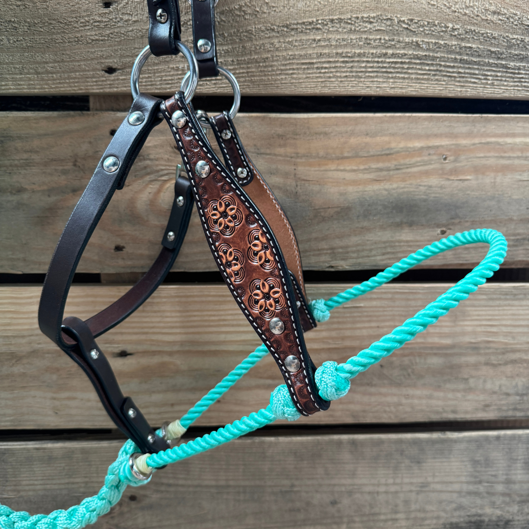 Seafoam Flower Power Tooled Lariat &amp; Leather Combo Halter