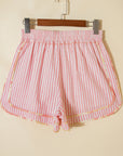 Stripe Floral Trim Ribbon Drawstring Waist Shorts