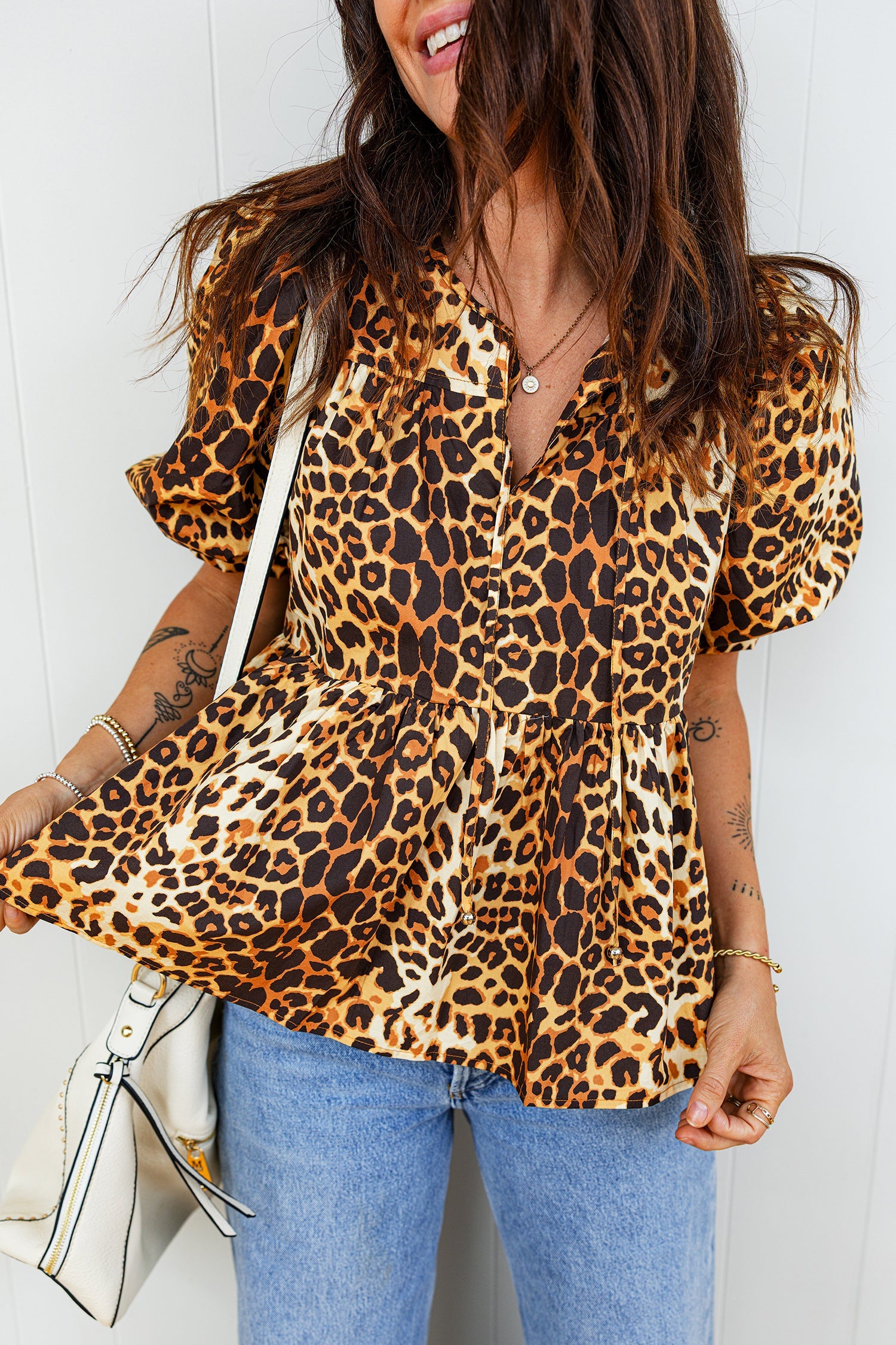 Leopard Short Puff Sleeve Babydoll Top