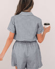 Stripe Chest Pockets Buttoned Collar Belted Romper