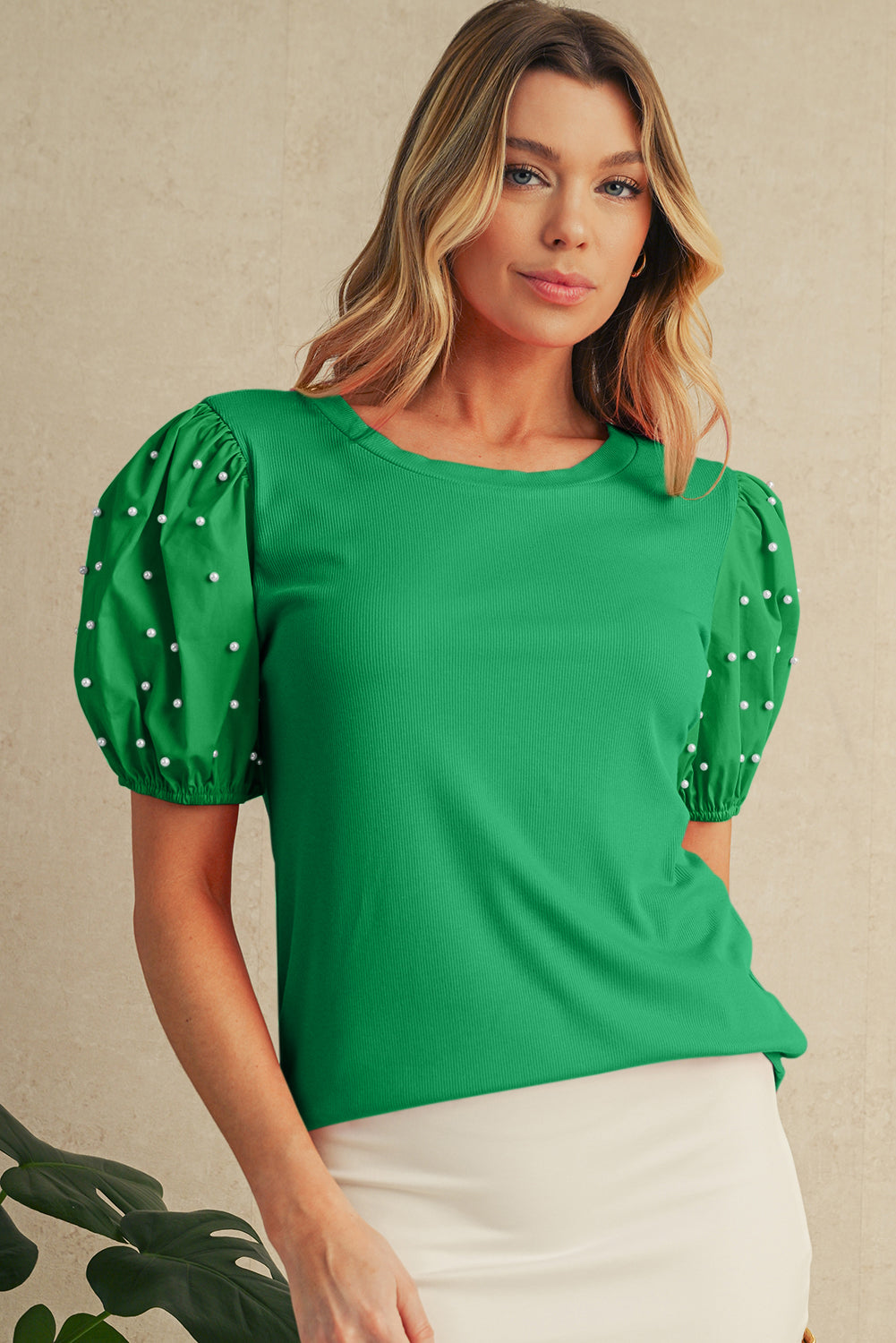 Pearl Beaded Puff Sleeve Ribbed Top