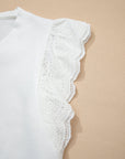 Eyelet Embroidered Flutter Sleeve Patchwork V-Neck Tee