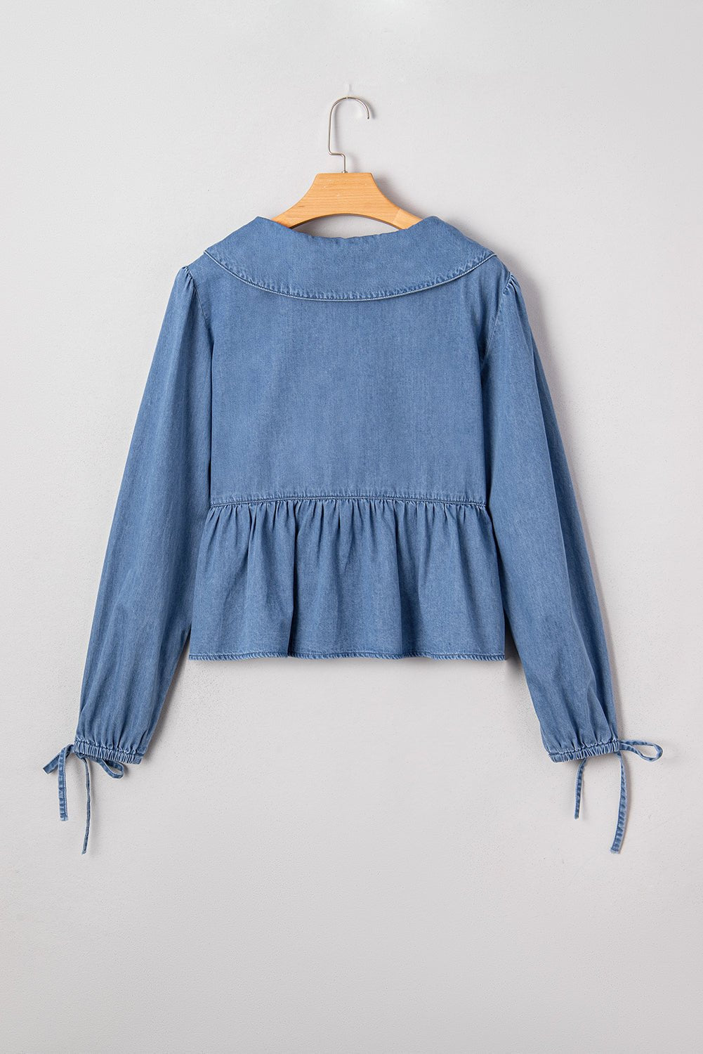 Denim Lapel Collar Balloon Sleeve Peplum Top