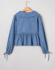 Denim Lapel Collar Balloon Sleeve Peplum Top