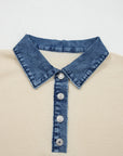 Denim Patchwork Polo Collar Short Sleeve Sweater